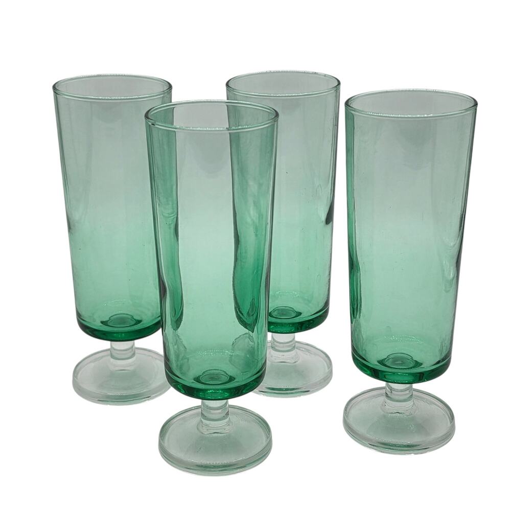 1970s Luminarc Cavalier Green Glass Champagne Flutes France MCM Set/4 Vintage